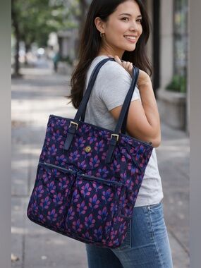 TALBOTS WOMENS TOTE SHOULDER BAG Navy Floral Pattern with Double Front Pockets